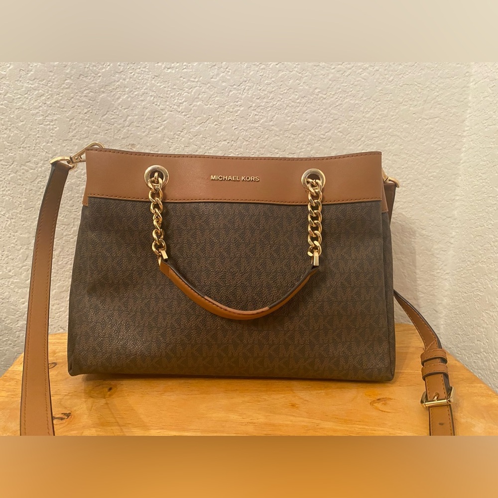 Michael Kors Brown Monogram Chain-Handle Shoulder Bag